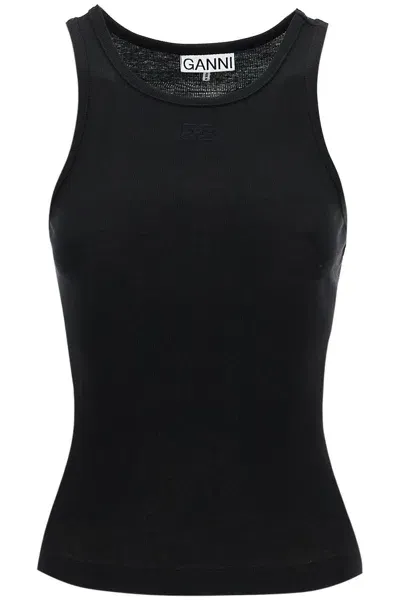 Ganni Ribbed Tank Top With Spaghetti In Black