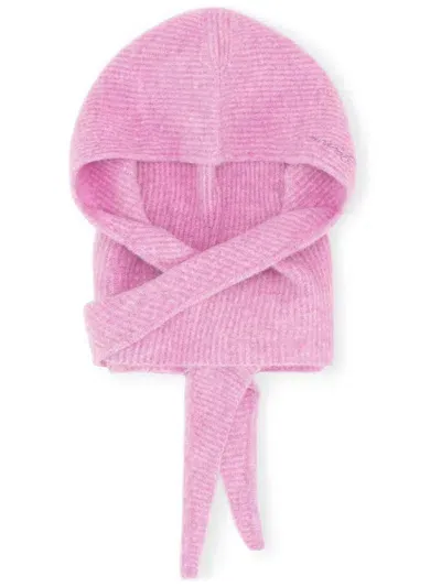 Ganni Ribbed-knit Logo-embroidered Balaclava In Corsage