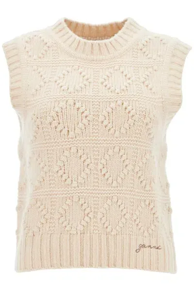 Ganni Ribbed Knit Sleeveless Vest In Neutrals