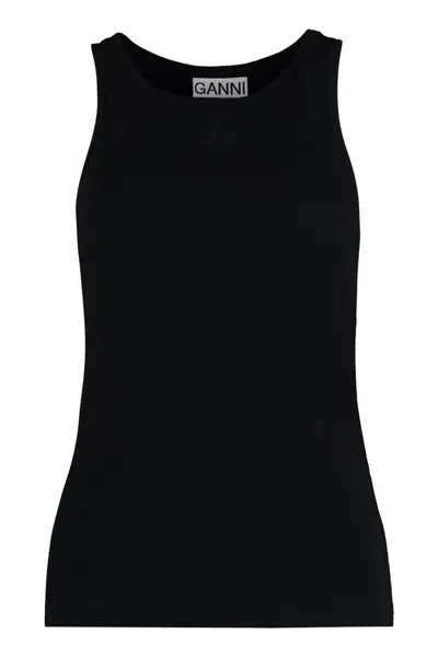 Ganni Ribbed Sleeveless Tank Top In Balck