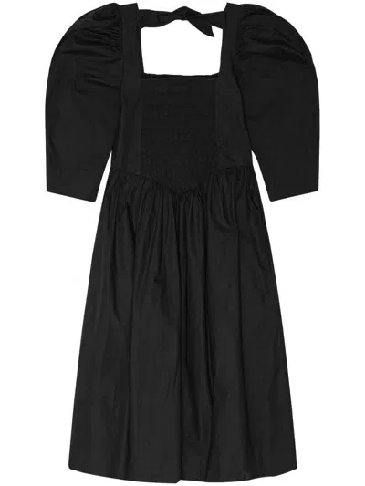 Ganni Ruched Ribbon-back Dress In Black