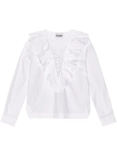 Ganni Ruffle Collar Organic Cotton Blouse In White