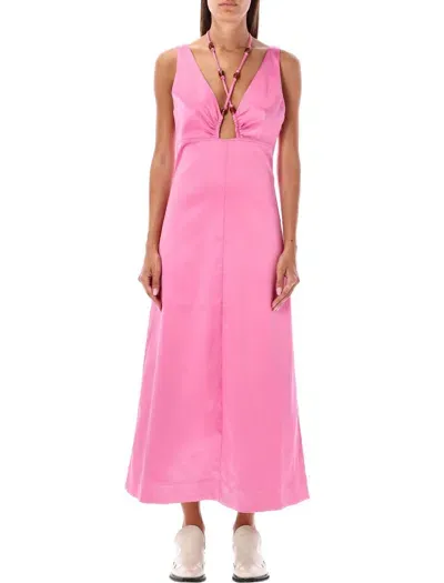 Ganni Satin Midi Dress In Pink