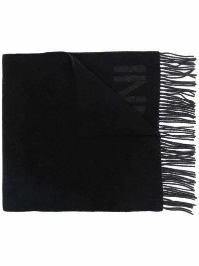 Ganni Scarf In Recycled Wool With Fringes In Black