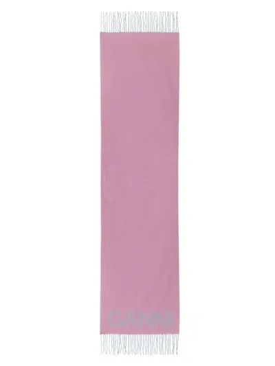 Ganni Scarf With Logo In Pink