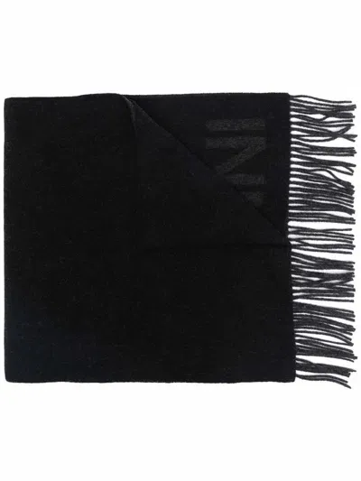 Ganni Fringed Wool Scarf Accessories In Nero