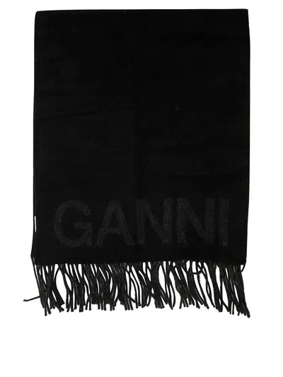 Ganni Sciarpa Lana Frange Logo In Black