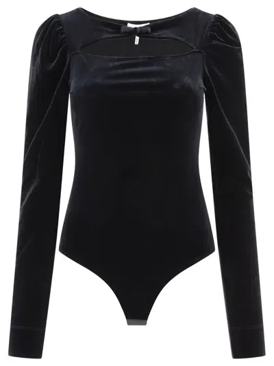 Ganni Scoop Neck Velvet Bodysuit In Black