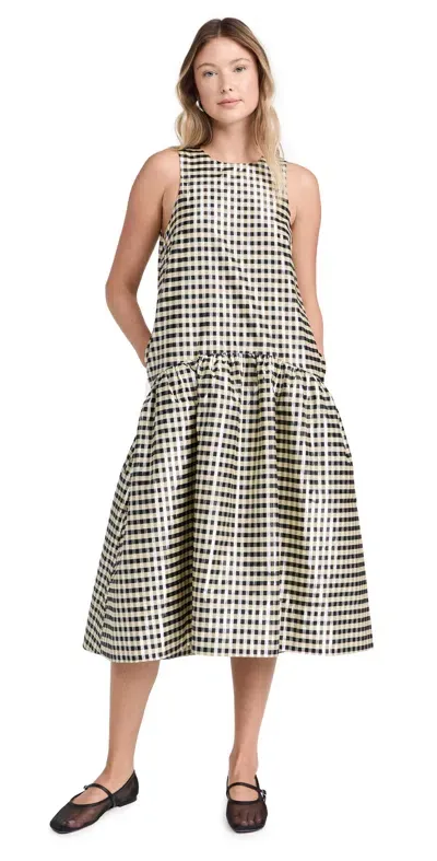 Ganni Gingham-check Jacquard Midi Dress In Yellow