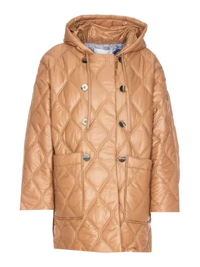 Ganni Shiny Quilt Hooded Jacket In Beige