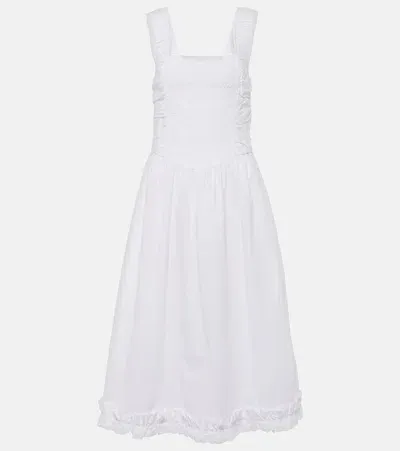 Ganni Shirred Cotton Poplin Midi Dress In White