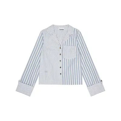 Ganni Stripe-print Cropped Poplin Shirt In Blue