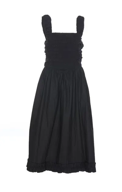 Ganni Ruched Poplin Dress In Black