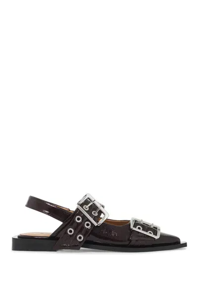 Ganni Patent Buckle Ballerina Shoes In Black