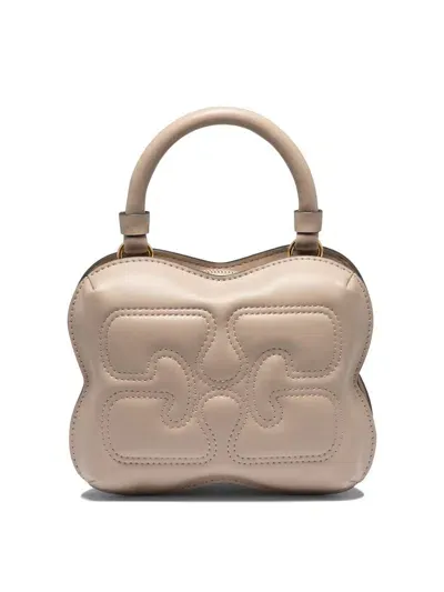 Ganni Butterfly Small Beige Crossbody Bag With Quilted Logo In Leather Woman In Grey