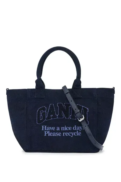 Ganni Small Denim Easy Shopper Tote In Blu