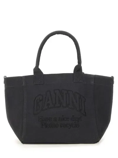 Ganni Small Shopper Bag With Logo In Black