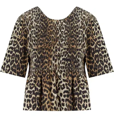 Ganni Smock Blouse Leopard Print In Brown