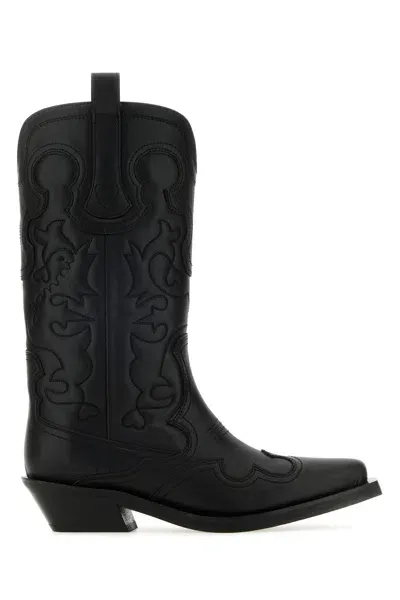 Ganni Embroidered Western Boots In Black