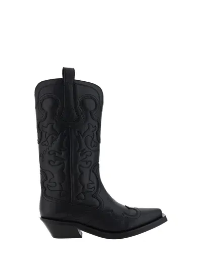 Ganni Embroidered Leather Cowboy Boots In Schwarz