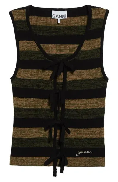 Ganni Stripe Tie Front Sleeveless Merino Wool Sweater In Multi