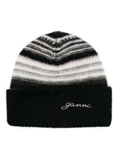 Ganni Striped Beanie In Black