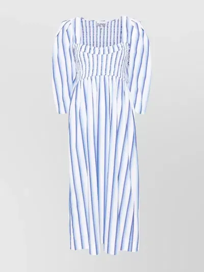 Ganni Striped Poplin Midi Dress In Blue