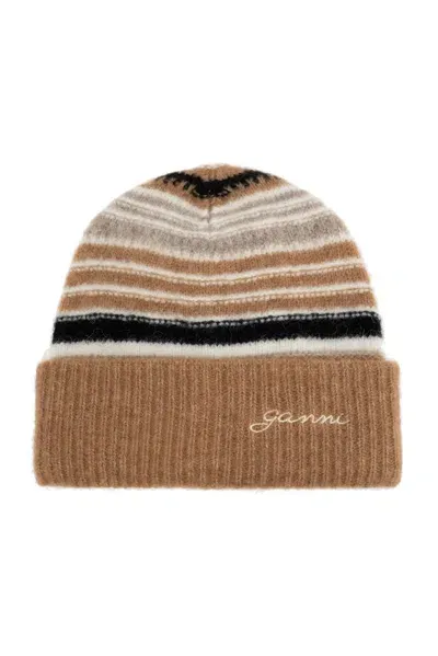 Ganni Striped Pattern Hat In Brown