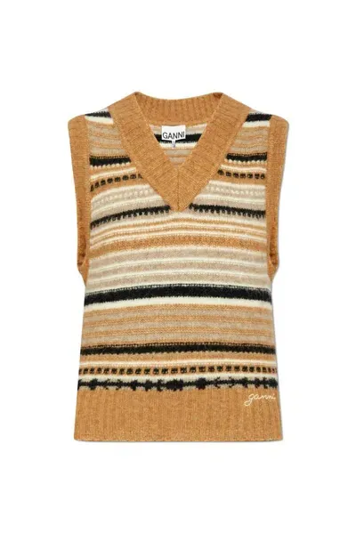 Ganni Striped Pattern Vest In Beige