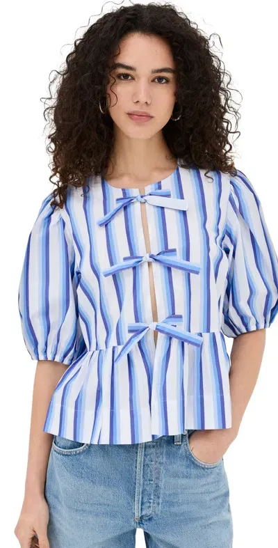 Ganni Striped Peplum Blouse In Silver Lake Blue