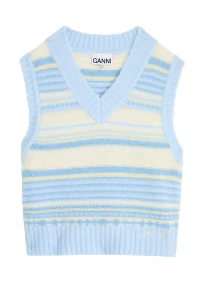 Ganni Striped Wool-blend Vest In Light Blue