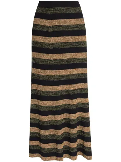 Ganni Striped Wool Midi Skirt In 黑色