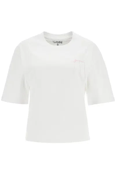 Ganni T Shirt Con Ricamo Sfilacciato In White