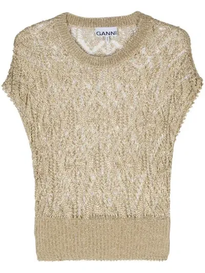 Ganni Metallic-effect Open-knit T-shirt In Oro