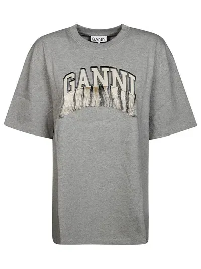 Ganni T-shirt Shoulder Fringe In Gray