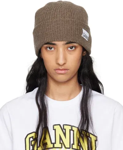 Ganni Taupe Fitted Wool Rib Knit Beanie In 886 Shitake