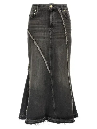 Ganni Frayed Denim Midi Skirt In Schwarz