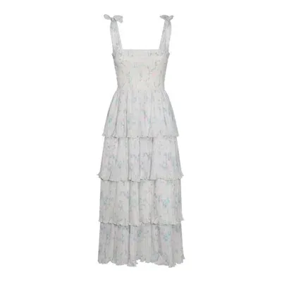 Ganni Pleated Georgette Smocked Midi Dress In Beige/multi