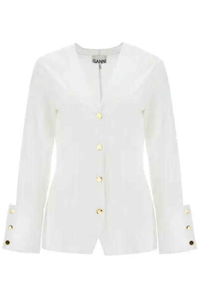 Ganni V-neck Shirt With Collar In White