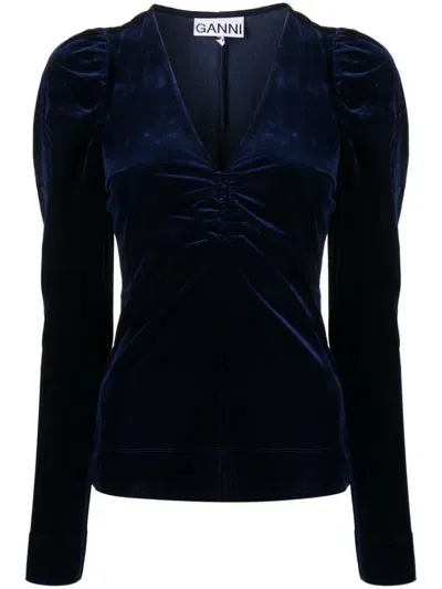 Ganni Velvet Jersey V Neck Blouse In Black