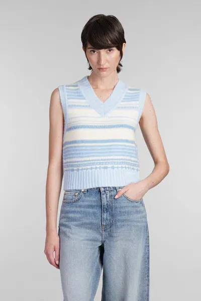 Ganni Stripe Alpaca Blend Sweater Vest In Cyan