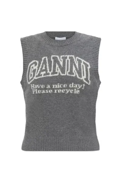 Ganni Vest With Logo In Grey