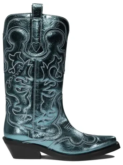 Ganni Western-embroidered Boots In Blue