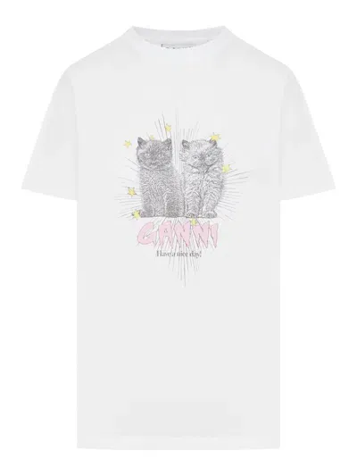 Ganni White Basic Jersey Kittens Relaxed T-shirt