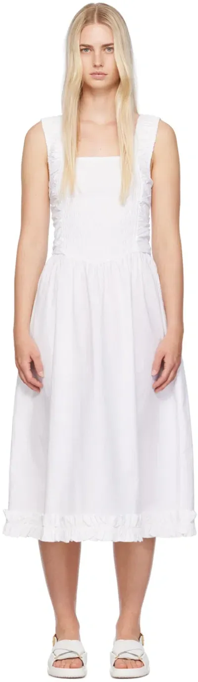 Ganni White Shirred Midi Dress In 151 Bright White