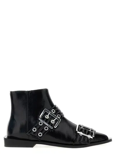 Ganni 'wide Belt Buckle' Ankle Boots In Black