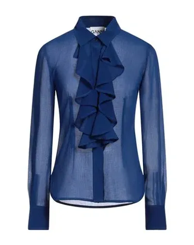 Ganni Long Sleeve Blue Chiffon Ruffle Shirt