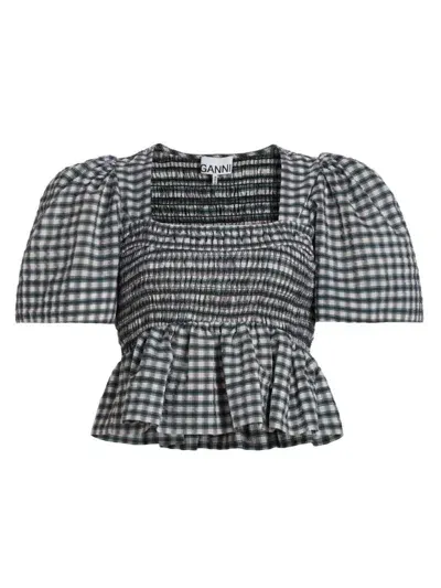 Ganni Seersucker Check Square-neck Smock Blouse In Egret