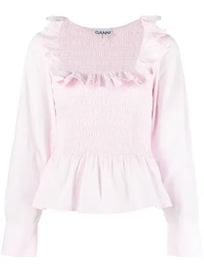 Ganni Ruffle-trim Shirred Poplin Top In Pink