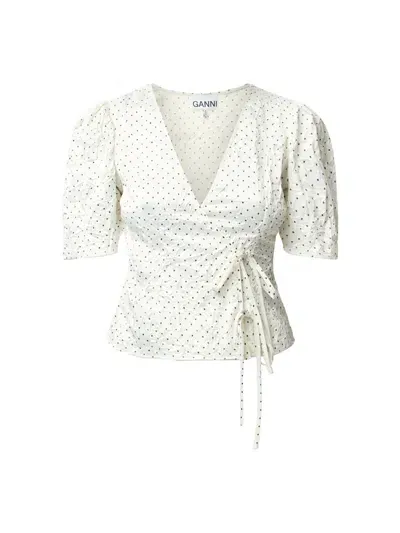 Ganni Polka Dot Crinkled Satin Blouse In Neutrals